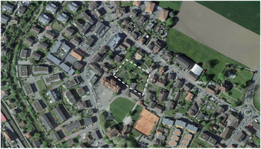 Das Areal «Amtschreibermatte» und das Umfeld aus der Vogelperspektive (Quelle: geo.admin.ch)